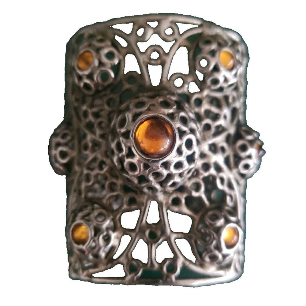 Cuff Bracelet Vintage Wide Brass Openwork Filigree 70s Amber Stones Heavy Small